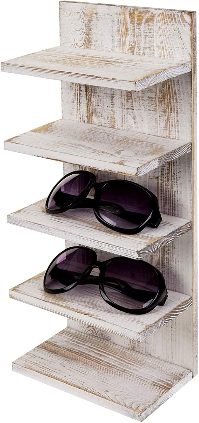 MyGift 5-Tier Vintage Whitewashed Wood Sunglasses Holder for Home Wall Organizer and Retail Display Case