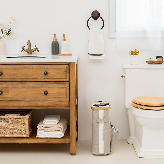 StorageWorks Toilet Paper Storage Baskets with Dual Flip Lids, Toilet Paper Organizer for Bathroom, Toilet Paper Container with Side Pocket, Holds 9 Mega or 12 Regular Rolls, Medium, Brown