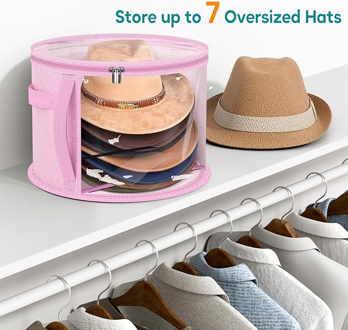 AOODA Oversized Clear Hat Storage Bag for Women, Holds up to 7 Caps Cowboy Hat Organizer for Closet, Wide Brims Hat Case with Carrying Handles (Pink)