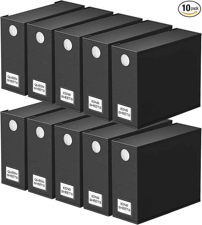 SpaceAid 10 Pack Bed Sheet Organizers and Storage, Foldable Sheet Organizer for Linen Closet, Sheets Set Folder Keeper with Window XL (Queen & King Size) Organizing Bedding Container, Black