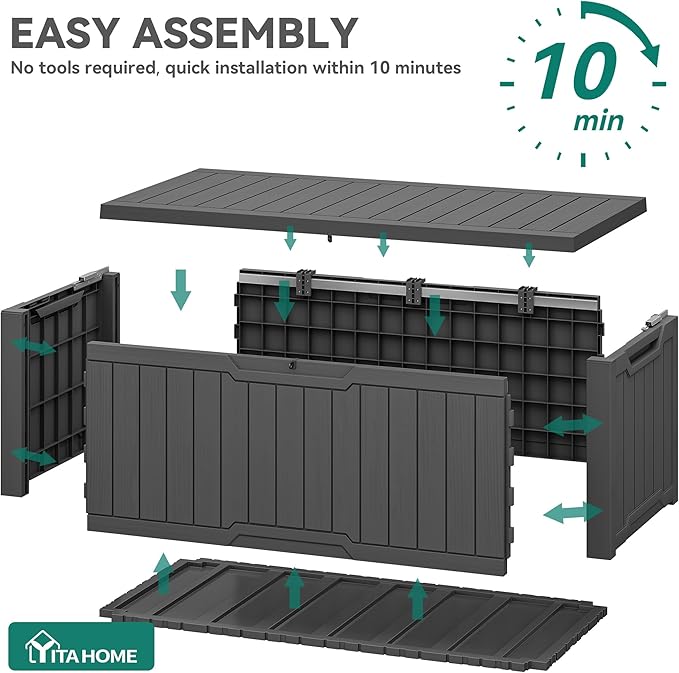 YITAHOME Outdoor Storage Box, 120 Gallon Waterproof Deck Box for Garden Tools, Patio Cushions, and Pool Accessories, Lockable, Easy Assembly, Versatile Bench or Table (Dark Gray)