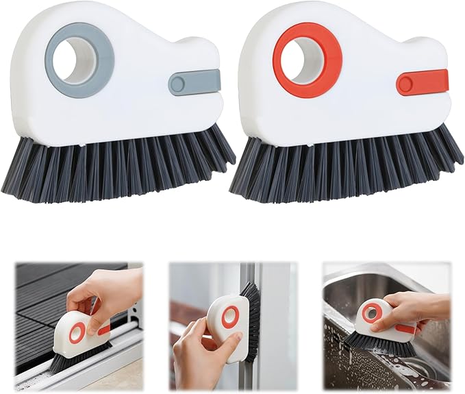 2 in 1 Groove Cleaning Brush, Grout Cleaner Tool & Multifunction Window Track Cleaner (with Hidden Scraper or Mini Dustpan) – for Glass Door Tracks, Window Sills, Sliding Doors (Orange + Grey)