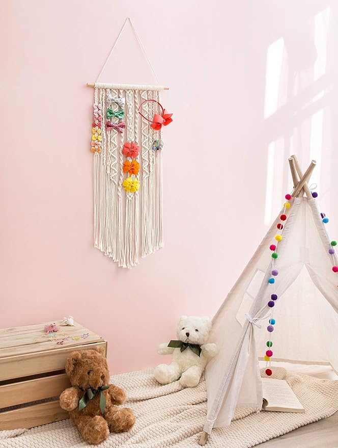 Mkono Macrame Bow Holder Hanging Hair Bow Organizer for Girls Hair Bows and Scrunchies Holder Stand Hair Accessories Organizer Gold White Metal Scrunchies Tower Hair Tie Organizer