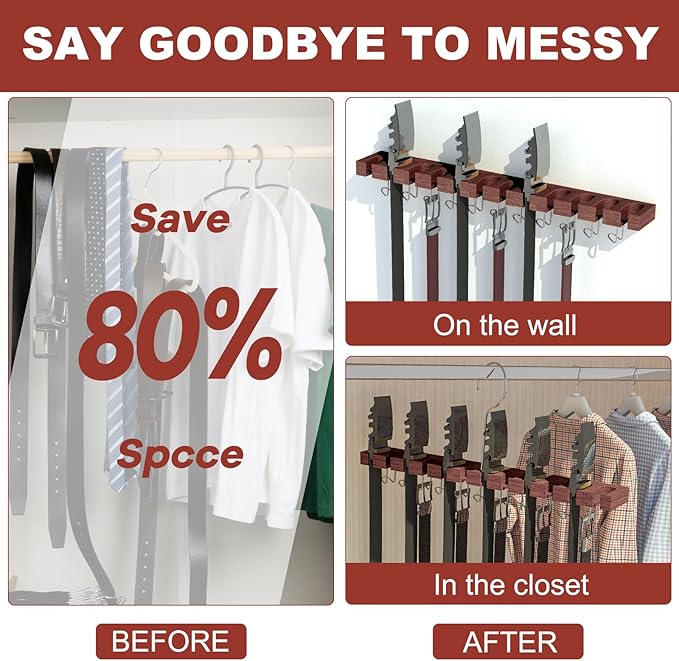 Belt Hanger for Closet Max 42 Belts, 2-in-1 Wall Mount Belt Organizer with 360° Rotating Hooks, Wooden Tie and Belt Rack for Closet Accessories Organizers and Storage, Walnut Wood