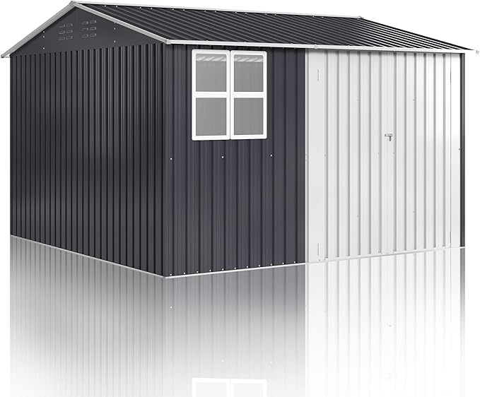 10x10 FT Outdoor Storage Shed, Metal Garden Tool Shed with Updated Frame Structure, Lockable Doors and Windows, Ideal for Backyard Garden Patio Lawn, Grey