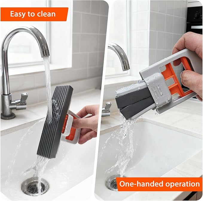 Mini Foldable Wet Dry Use Squeeze Small Mop, Mini Mop for Small Spaces, Black Portable Cleaning Sponge Mops for Desktop, Kitchen, Counter, Glass, Tile