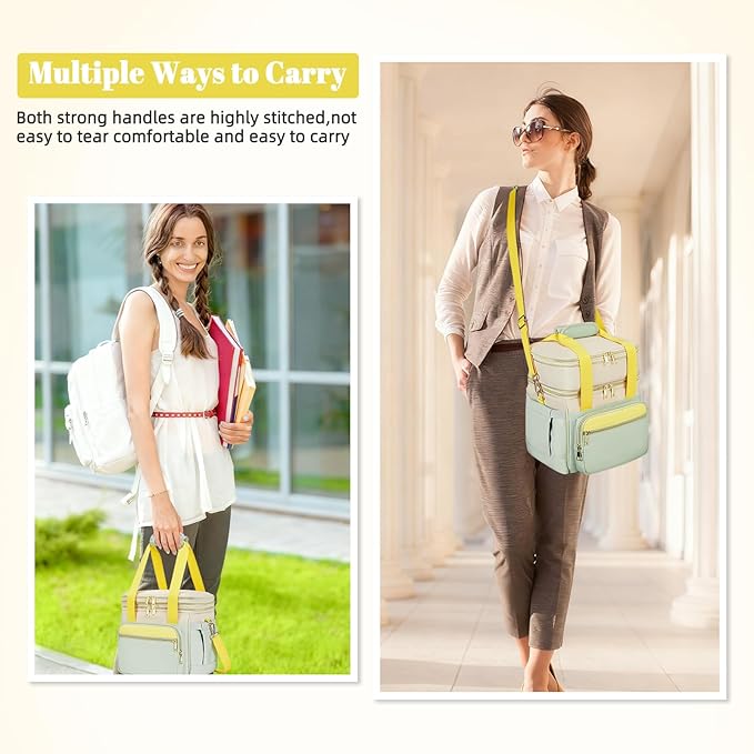 Insulated Lunch Bag & Lunch Box for Women - Double Deck Reusable Lunch Bag for men Tote Cooler Bag Leakproof Soft Expandable - Large Lunchbox for Work/Adult/Picnic/Outdoor (Green，15L)
