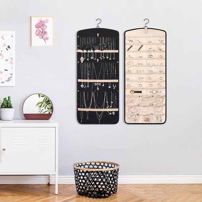 Hanging Jewelry Organizer Storage Roll with Hanger Metal Hooks Double-Sided Jewelry Holder for Earrings, Necklaces, Rings on Closet, Wall, Door 33 * 14IN (Pink)