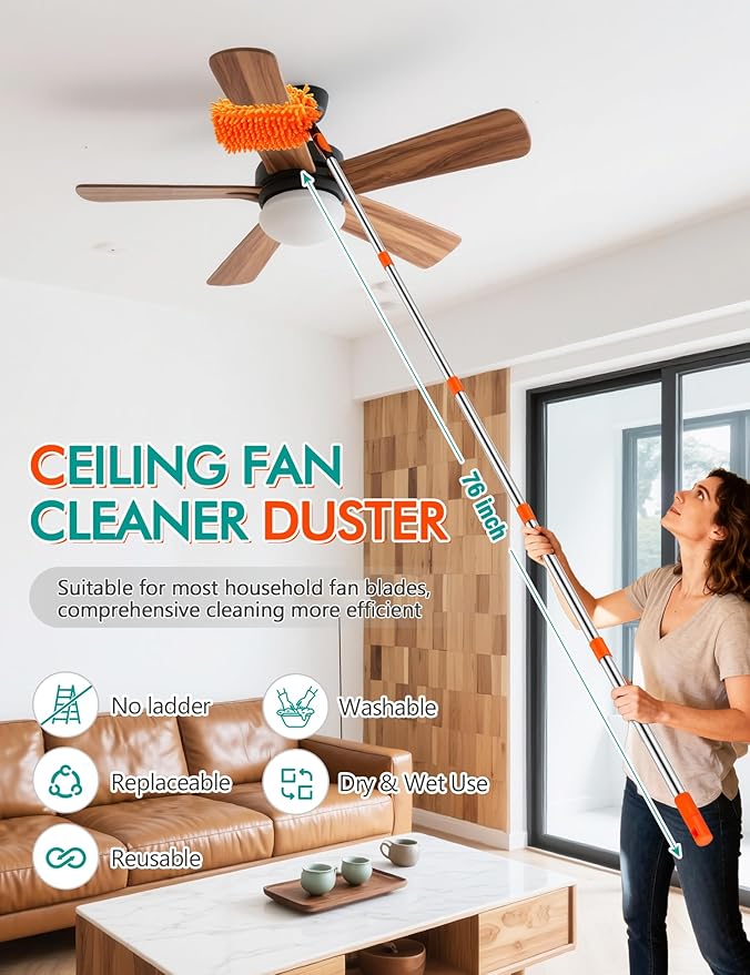 Ceiling Fan Cleaner Duster with 76" Extendable Long Handle,180° Wall Mop Cleaner for Walls/Ceiling Fans/Dust/Baseboards/Floors/Blade Blinds/dDoors Clean,Feather Duster Cleaning Kit