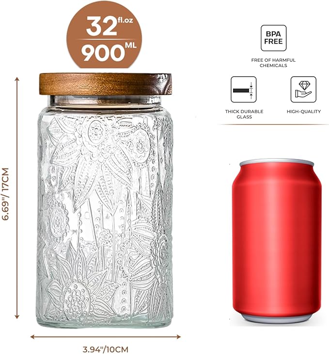32oz Vintage Glass Jars With Lids, Airtight Food Storage Containers, Kitchen Canisters For Sugar, Coffee, Tea, Spice, Flour, Candy Cookie, Pasta, Cereal, Cute Decorative Jars