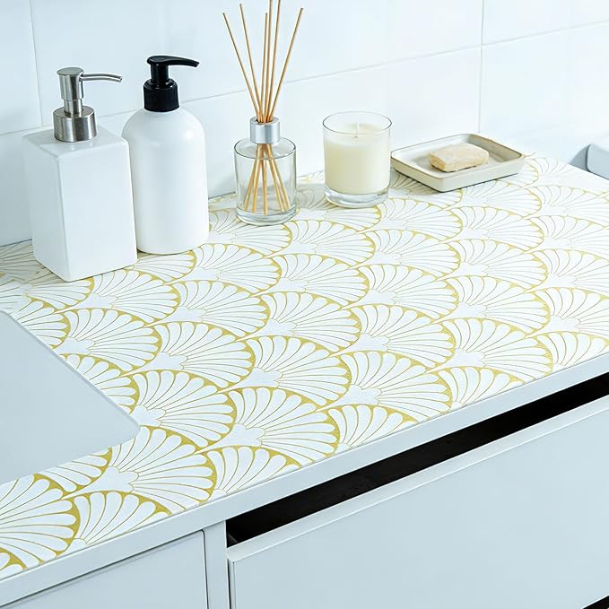 Shelf Liners Non Adhesive Gold Background White Fan-Shaped Pattern - Thickened Non-Slip Easy to Clean Drawer Liner for Kitchen Cabinets, Tool Box,Refrigerator,with Knife & Tape Measure,12in x 10FT