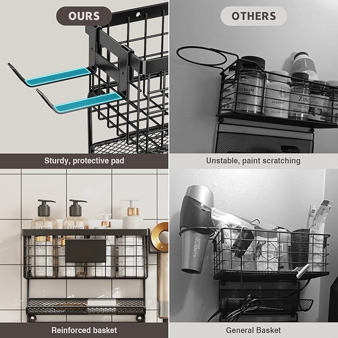 Hair Dryer Holder Wall Mounted, Adheisve Hair Styling Tool Organizer for hair Brush/Appliance Wall Mount with 5 Tier Shelf Basket Hooks Blow Dryer and Straightener Holder for Bathroom(Black)