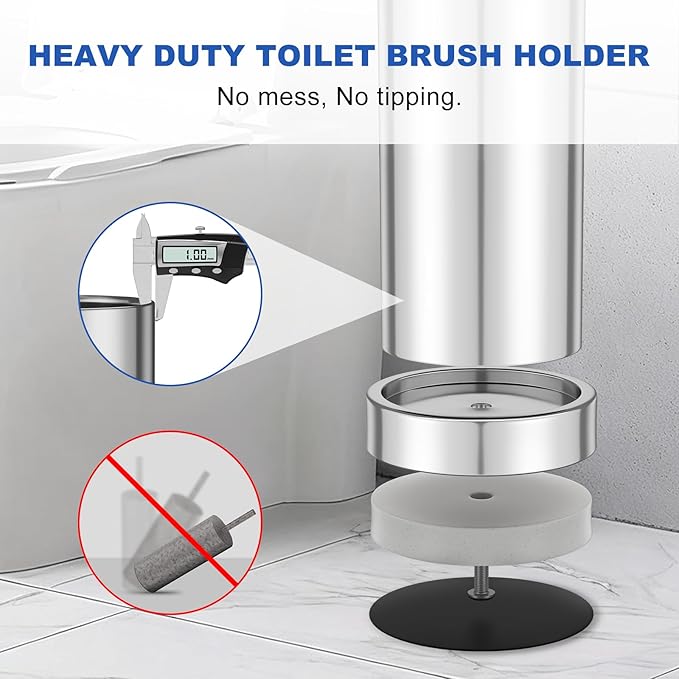 304 Stainless Steel Toilet Brush and Holder Set, Heavy Duty Toilet Bowl Brush and Holder with Removable Inner Bowl, Splash Protection, Long Handle for Bathroom