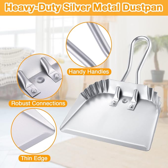 Mumufy 2 Pcs 12 Inch Heavy Duty Metal Dustpan, Stainless Steel Large Wide Dust Pans for Household, Handheld Scooper, Debris Cleaning Tool for Home Garage Studio Courtyard Indoor Outdoor(Silver)