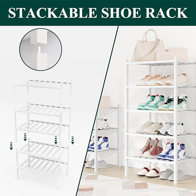 Smiry Shoe Rack, 4 Tier Small Bamboo Shoe Organizer, Stackable Free Standing Wooden Shoe Storage Shelf for Closet, Entryway, Front Door Entrance, White