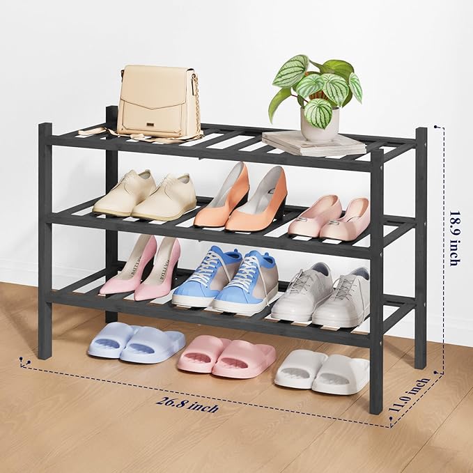 Kitsure Bamboo Wooden Shoe Rack for Closet - Stackable Shoe Organizer with Modular Structure, Space-Saving Shoe Shelf for Entryway, Living Room, Bedroom, 26.8" Wide - 3 Tiers, Black
