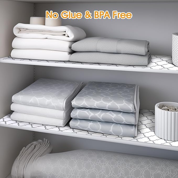 Shelf and Drawer Liner for Kitchen Cabinets Non-Adhesive, Strong Grip Non-Slip Thickened Cabinet Liners for Shelves, Waterproof Mats for Dresser Cupboard, White/Gray, 12 in x 10 Feet