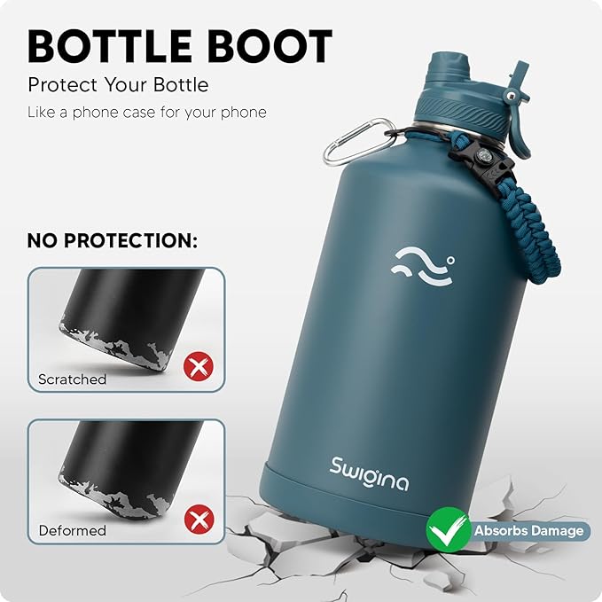 [2-IN-1 LID] Gallon Insulated Water Bottle with Silicone Boot (48hrs Cold/24hrs Hot) - DIY Stickers, Leakproof, BPA Free, 128 oz