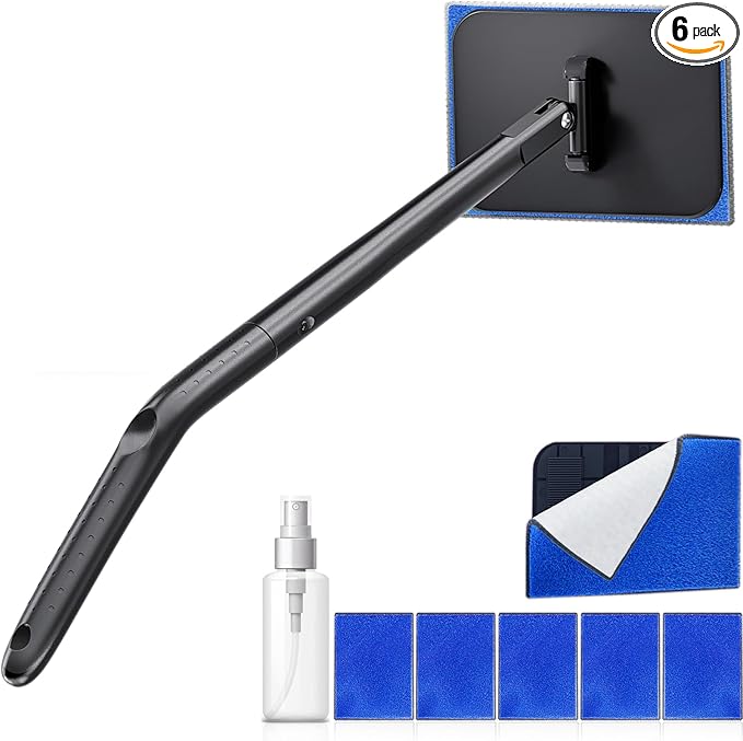 desin Car Windshield Cleaning Tool, Windshield Cleaner with 5 Washable and Reusable Microfiber Pads and Extendable Handle, for Auto Glass Wiper