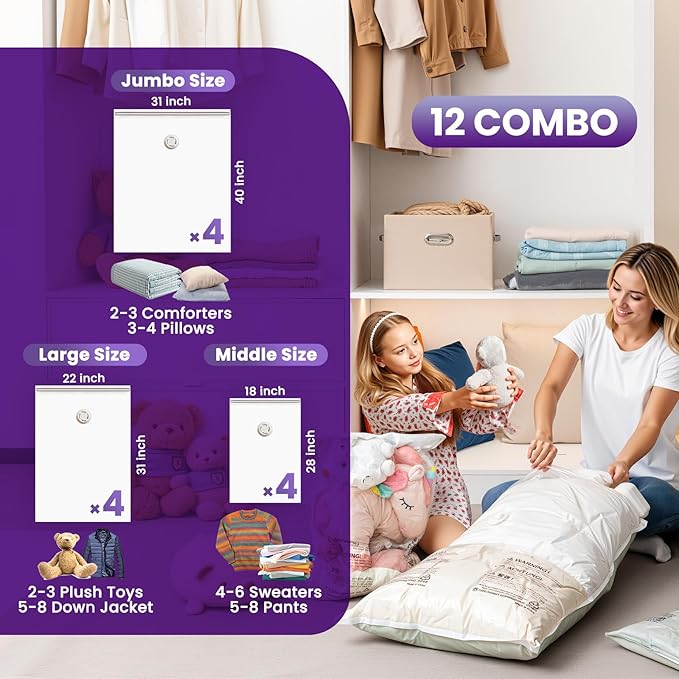 TAILI 12 Pack Combo Vacuum Storage Bags, Vacuum Seal Bags for Clothing (4 Jumbo, 4 Large, 4 Medium), Space Saver for Bulky Beddings, Comforters, Blanket, Closet Organization Space Saving