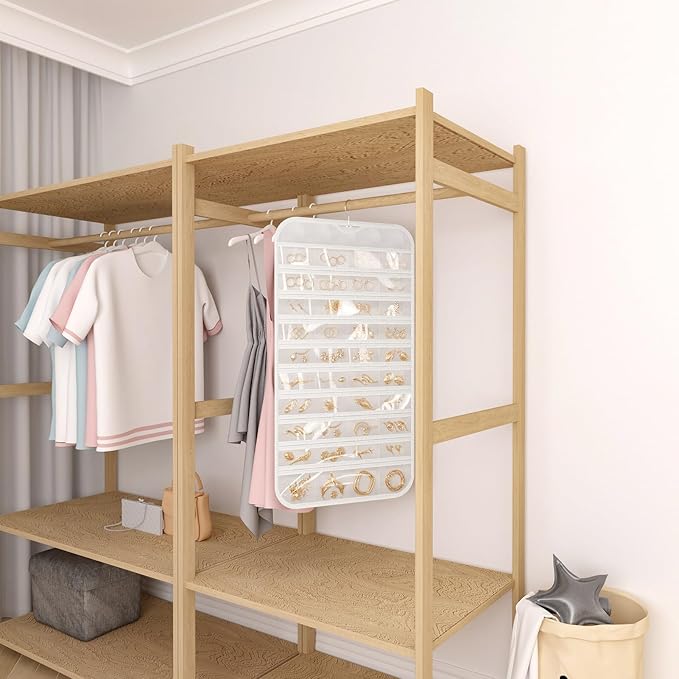 1 Pack Hanging Jewelry Organizer 80-Pocket Dual-sided Jewelry Storage for Earring Necklace Bracelet Ring Travel Holder, White