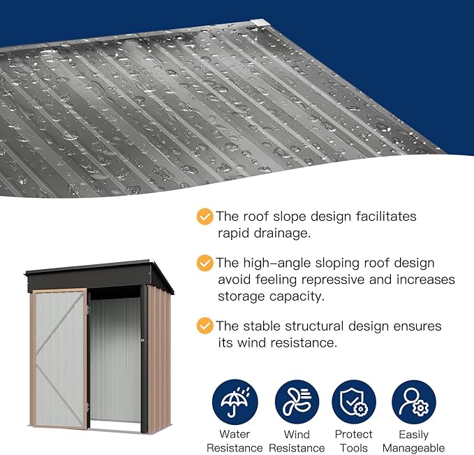 Aoxun 5x2.7 FT Shed Outdoor Storage Shed Metal Tool Shed with Door and Lock Outdoor Shed for Garden, Backyard, Poolside, Brown