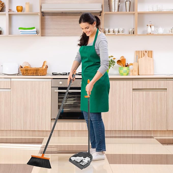 Long Handle Broom with Dustpan Combo Set for Office Home Kitchen Lobby Floor Cleaning Broom Dustpan for Indoor&Outdoor Sweeping