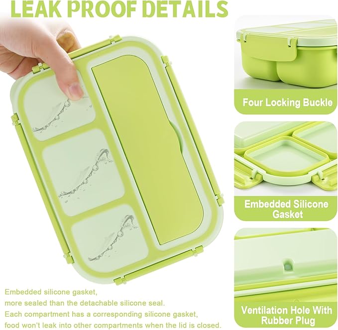 Bento Box Adult Lunch Box, Lunch Containers for Kids Girls Boys with 4 Compartments, Lunchable Food Container with Utensils, Sauce Jar, Muffin Liners, 40 Oz/5 Cup, Bright Green
