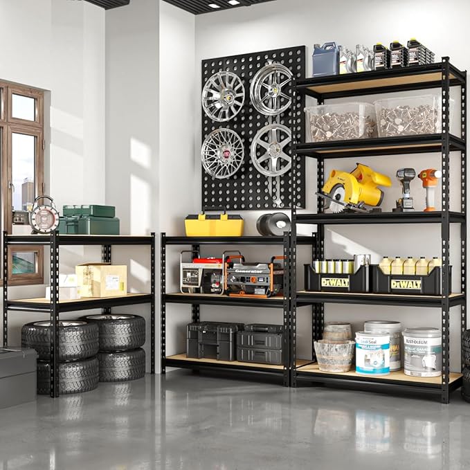 36.12"W: Father&I 5-Shelf-Storage-Rack Industrial Metal+Wood Garage/Kitchen Shelves Steel Utility Stand Shelving Unit Adjustable Heavy-Duty Shed/Closet/Pantry Organizer 72"h*36.12W*16d, Black