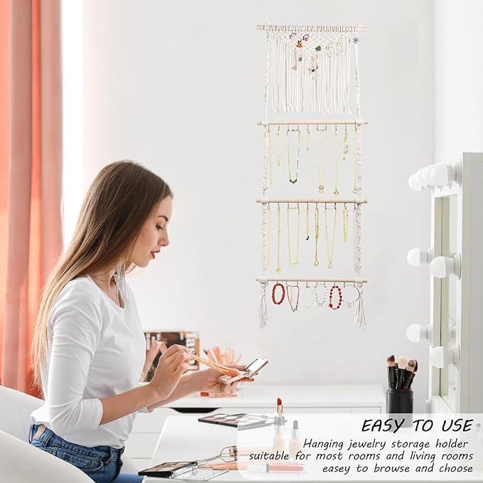 Hanging Jewelry Organizer, Boho Macrame Necklace Hanger Wall Mounted with 30 Hooks,Door Hanging Jewelry Holder with Tassel for Necklaces Display Organizer(Necklace Holder)
