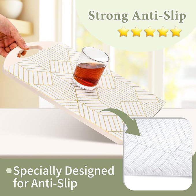 Shelf Liners for Kitchen Cabinets 12in x 40FT, Non Adhesive Cabinet Liner Strong Non-Slip Thickened Gold Geometric Drawer Liner, Easy to Clean for Shelf, Cabinet with Knife and Tape Measure