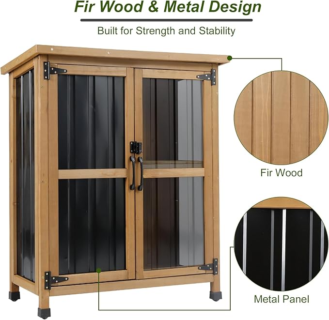 Small Outdoor Storage Cabinet Wood & Metal, Small Garden Tool Storage Cabinet with Asphalt Roof, Double Lockable Doors & Removable Shelves for Porch, Patio, Garden, Backyard