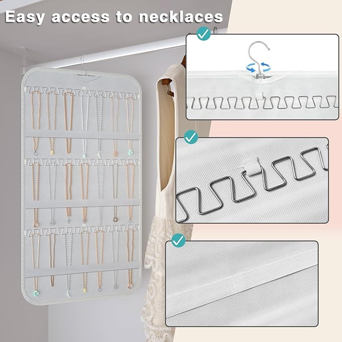 Hanging Jewelry Organizer Storage, 40 Pockets 36 Hooks Necklace Earring Necklace Bracelet Ring Organizer, Double - Sided Design, White
