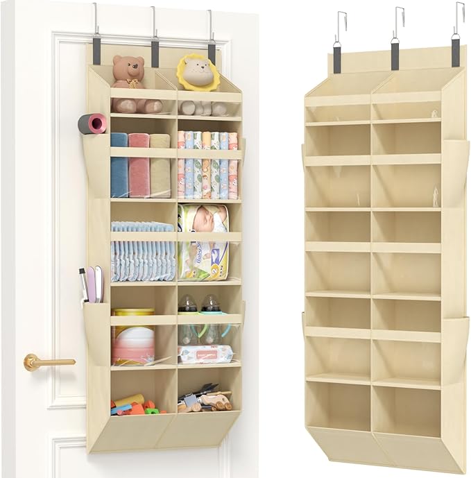 Lifewit 1 Pack Over the Door Organizer, Clear Window Hanging Storage with 4 Mesh Side Pockets, Anti Tilt 40 lbs Load Behind Door for Pantry, Nursery, Bathroom, Bedroom, Dorm, 10 Section, Beige