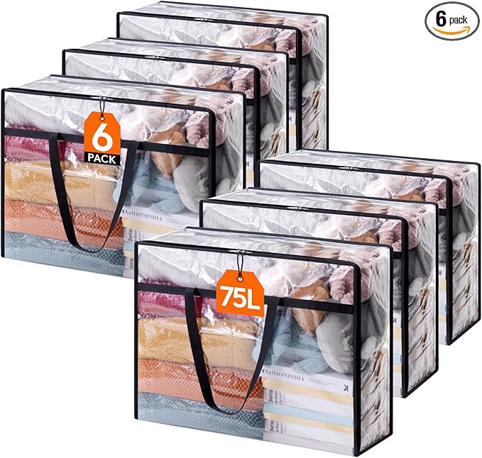 Lifewit 6 Pack Clear Clothes Storage Bags, 75L Large Plastic Blanket Storage, Vinyl Foldable Moving Bags with Zipper, Closet Organizers Containers for Comforter, Bedding, Duvet, Pillow