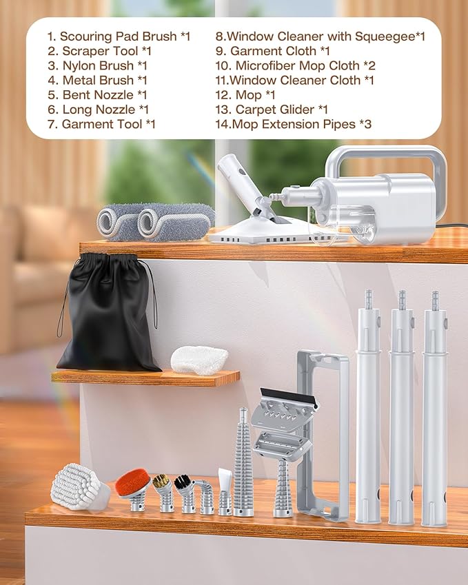 LABIGO 10-in-1 Steam Mop with Detachable Handheld Steamer, 350ml Tank, 10s Heat-Up, 248°F Steam Cleaner, 3-Level Control and Swivel Head for Floors, Carpets, Tiles, BBQ grill Multi-Surface Clean White