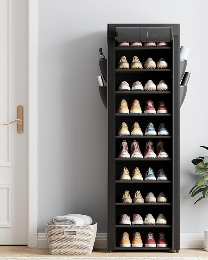 Kitsure Shoe Rack - 10-Tier Large Capacity Shoe Organizer Shelf with Dust Cover & Side Pockets, Rust-Proof Metal Shoe Rack for Closet, Entrance, Living Room, 17.5" x 12.4" x 69.3", Black