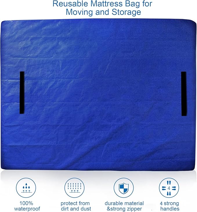 Coldwind Waterproof Mattress Cover for Storage & Moving, Heavy Duty Handles, Strong Zipper, Reusable Twin Size Blue Mattress Bag