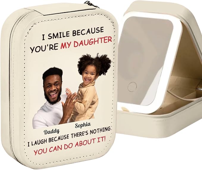 I Smile Because You're My Daughter Personalized Custom Jewelry Box with LED Mirror, Custom Photo Mom Daughter Leather Jewelry Box, Daughter Travel Jewelry Boxes, Daughter Birthday Gifts from Mom