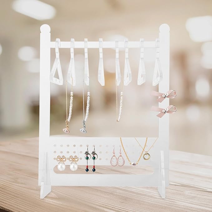 Acrylic Jewelry Organizer Stand 8 Clothes Hangers, Earring and Necklace Holder Rack for Jewelry Storage and Display, Tabletop Accessory Organizer for Women