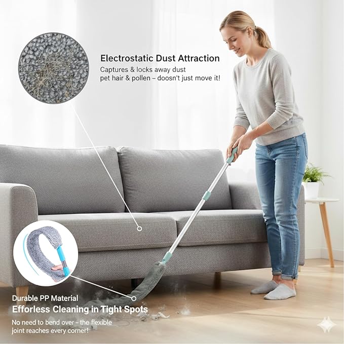Retractable Gap Dust Cleaner - Ultra-Thin Flexible Duster with 4 Washable Microfiber Pads, Extendable Pole for Under Refrigerator, Blinds, Appliances, and Hard-to-Reach Areas Cleaning Tool