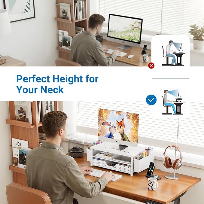 OPNICE Desk Organizer and Accessories, 2-Tier Computer Monitor Stand Riser with Drawer and 2 Pen Holders, Laptop Stand, Office Desk Accessories for Office Supplies, White – Perforated Steel Top