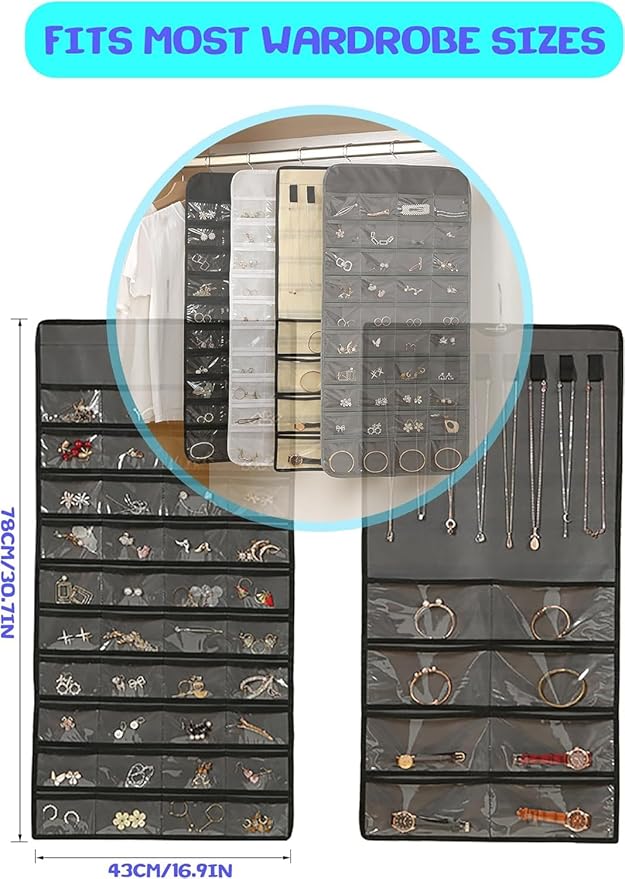 Hanging Jewelry Organizer: Necklace & Earring Holder with Pockets for Closet, Wall or Door (Grey)
