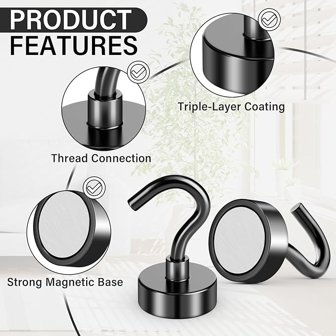 38Pack Heavy Duty Magnetic Hooks, 25LBS Powerful Black Metal Neodymium Magnets Hooks for Hanging, Magnets with Hooks Perfect for Home, Kitchen, Bathroom, Office, Cruise Must Haves