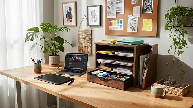 Wooden file Organizer with Drawer, Office Wood Desk Organizer with drawers, with 4 Adjustable Shelves, Mail Sorter with Drawer, Office Desk Paper Holder, Brown