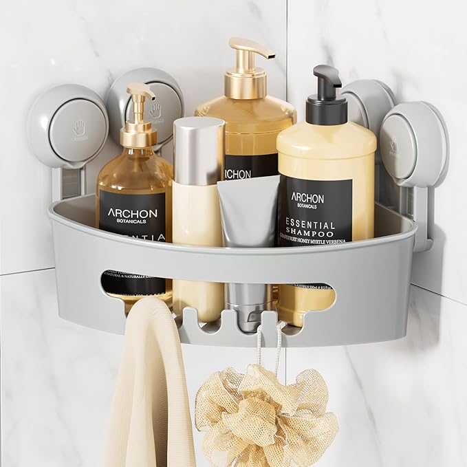 LEVERLOC Corner Shower Caddy Suction Cup, Shower Caddy Basket Powerful Suction Bathroom, Waterproof & Rustproof Organizer for Bathroom Storage, No-Drilling Removable (Grey)