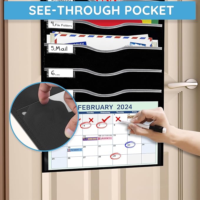 8 Pockets Hanging Wall File Organizer for Legal/ Letter/ A4 Size Paper, Over the Door Organizer, Black Pocket Chart for Classroom, Office, Home Use with 12 Name Tags, 5 Hooks and Clear Calendar Pocket