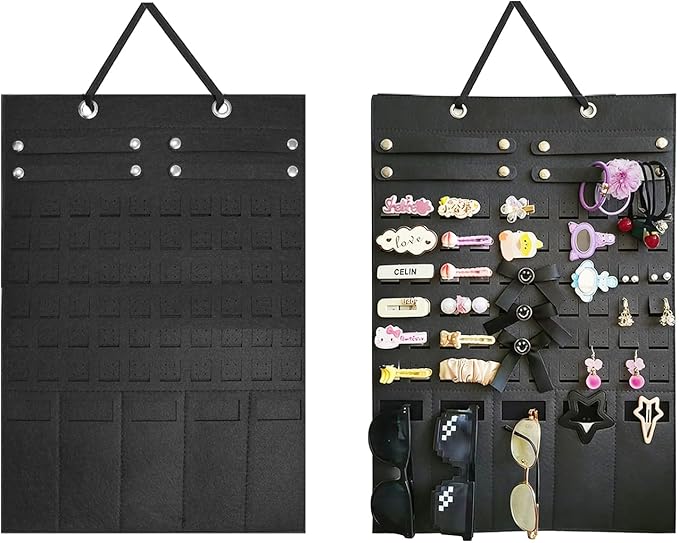 Hanging Jewelry Organizer, Wall Jewelry Organizer Storage for Earrings, Necklaces, Bracelets and Sunglasses, Soft Felt Wall Mount Earring Display Holder for Women Girl, Black