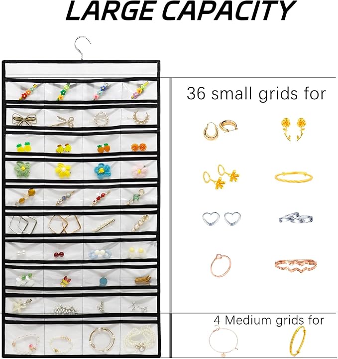 Muka Hanging Jewelry Organizer, Double Sided Foldable 48 Pockets Closet Jewelry Organizer Storage with Hanger, Black