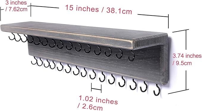 SANY DAYO HOME Jewelry Organizer with 30 Hooks and Cosmetics Shelf, 15 x 3 x 4 inches Wall Mounted Rustic Pine Wood Holder for Necklaces and Bracelets, Suitable for Kids and Adults (Gray)